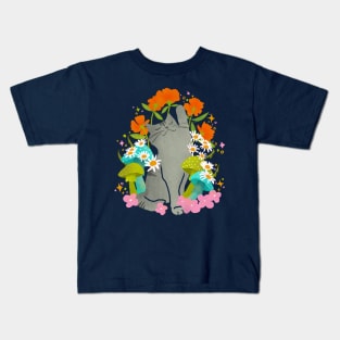 Gray Cat Mushroom and Flower Design: Enchanting Feline Flora Kids T-Shirt